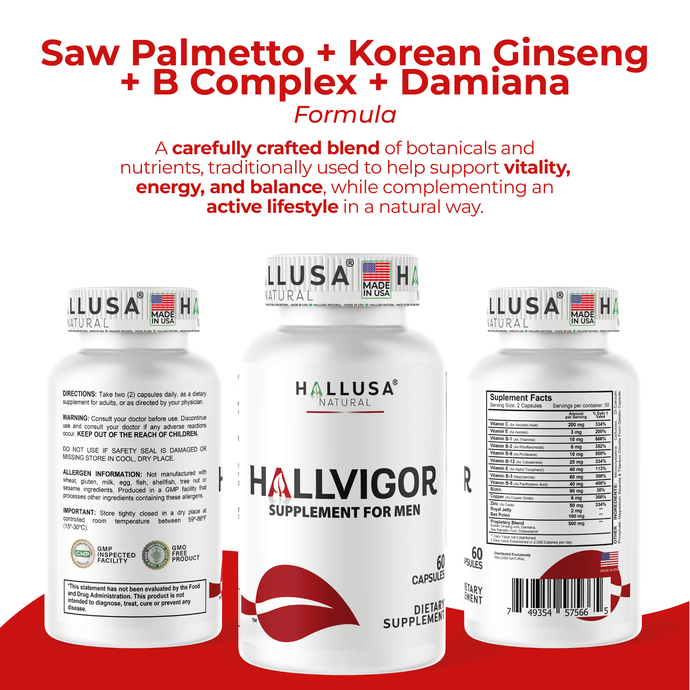 Hallusa Natural Hallvigor Men’s Vitality Formula | Korean Ginseng + Saw Palmetto | B-Complex, Vitamins C & E + Zinc | 60 Tablets