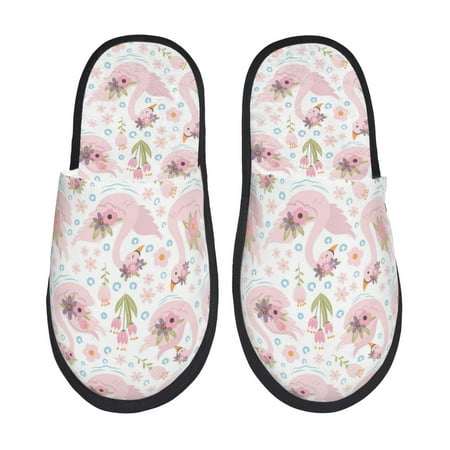 Balery Swan And Flowers Slient Indoor Furry Fleece Comfort House Shoes Soft Non-Slip Home Shoes Cotton slippers House Slippers-- Large