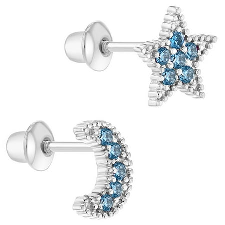 earrings screw rhodium toddlers plated cz moon star