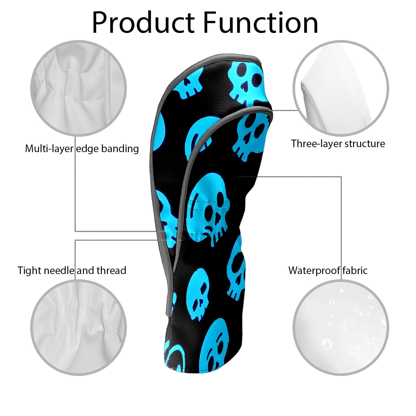 Golf Club Covers, Blue Skeleton Premium PU Leather Driver Hybrid Putter Head Covers with Velvet Lining, Waterproof Golf Gifts for Men Women