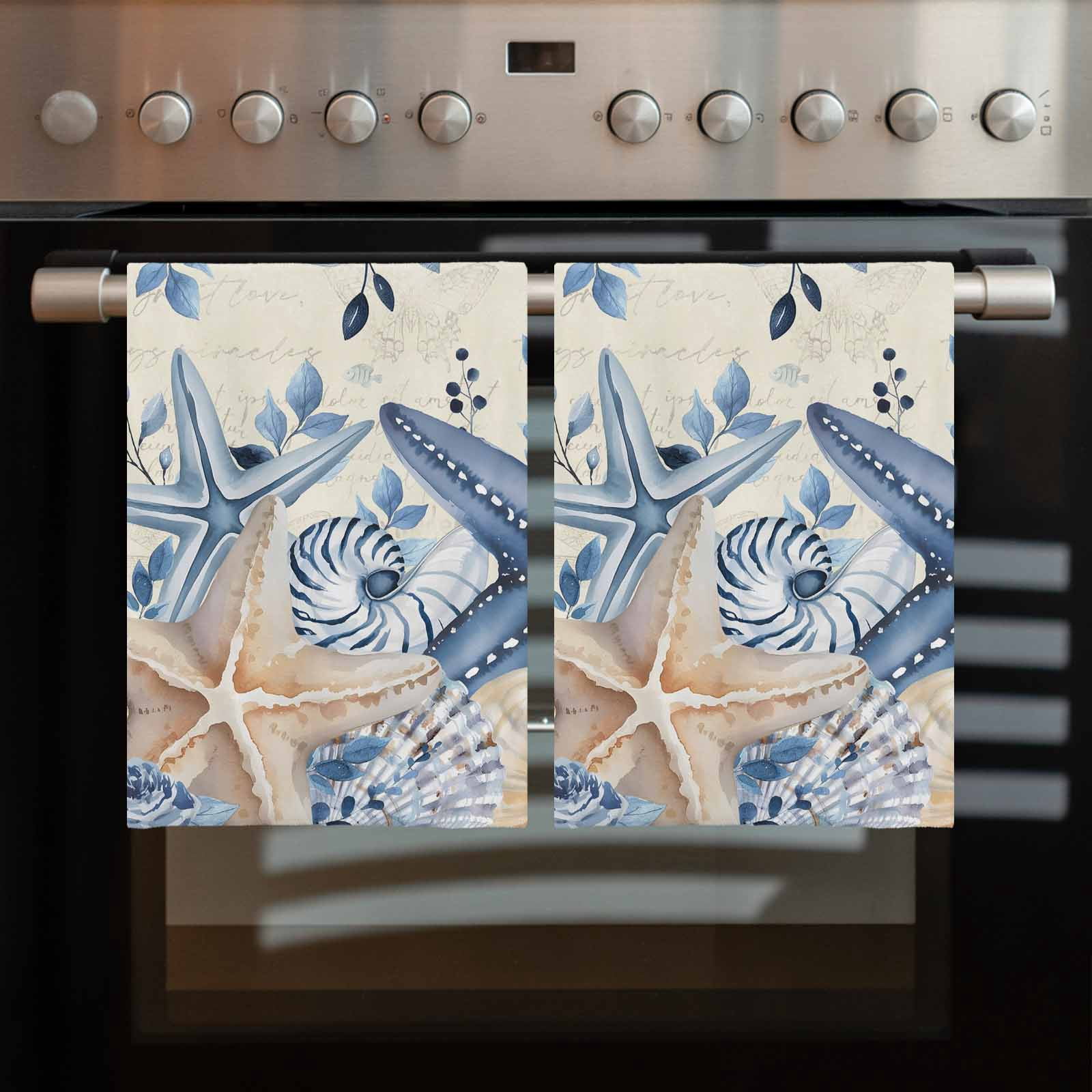 Blue Starfish Coastal 1 Pack Kitchen Towel, Water Absorbent Dish Towel, Eucalyptus Summer Nautical Shell Retro Decorative Hand Towels - Quick Drying Cloth for Cooking Baking, 18x28 Inch