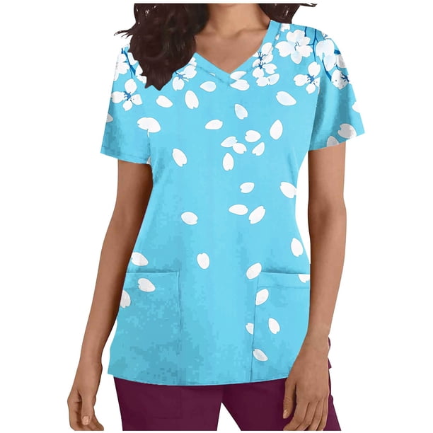 Mujeres Manga Corta Tops Casual V-Cuello Impreso Manga Corta de Bolsillo Superior Poliéster, Ropa de Enfermería de Moda para el Uso Diario Del Hogar