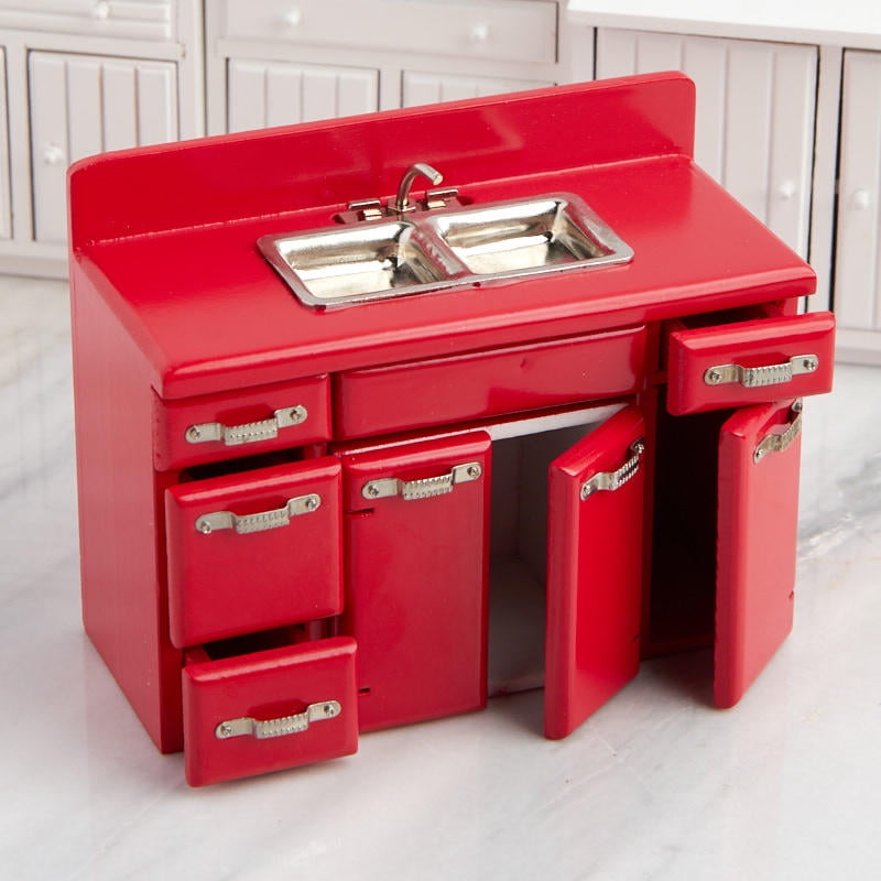 Dollhouse Miniature Red Retro Kitchen Sink And Cabinet Set T5957 Walmart Com Walmart Com