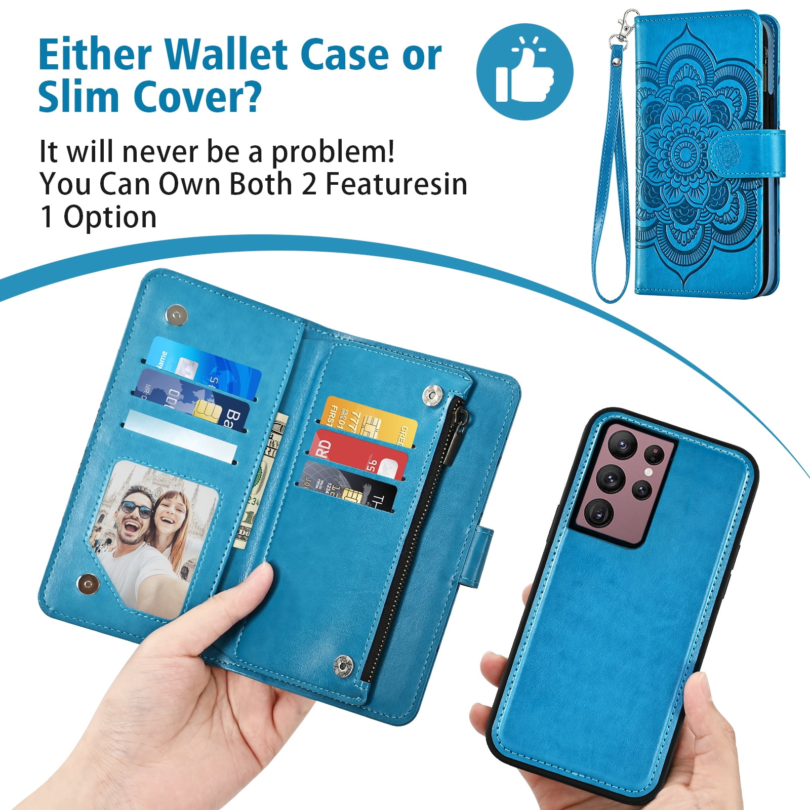 Asuwish Phone Case for Samsung Galaxy S22 Ultra 5G Zipper Wallet Magnetic Detachable Cell Cover with Tempered Glass Screen Protector Crossbody Strap Flower Card Holder Slot S22ultra 22su Women Blue