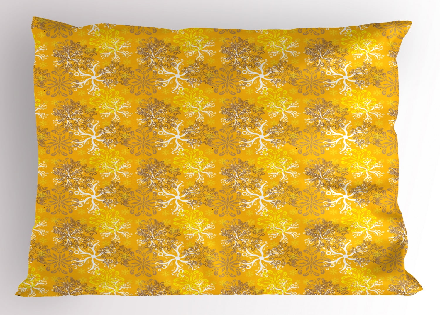 Yellow and White Pillow Sham Snowflakes Design with Swirls and Curves on Yellow Toned Backdrop
