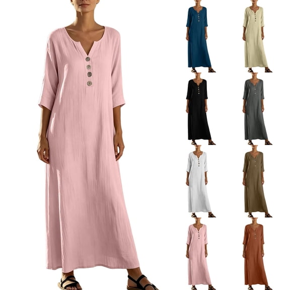 Stamzod Women's Dresses Summer V-Neck 3/4 Sleeve Button Maxi Dress Casual Loose Flowy Beach Dress Vacation Travel Clothes Women Khaki S
