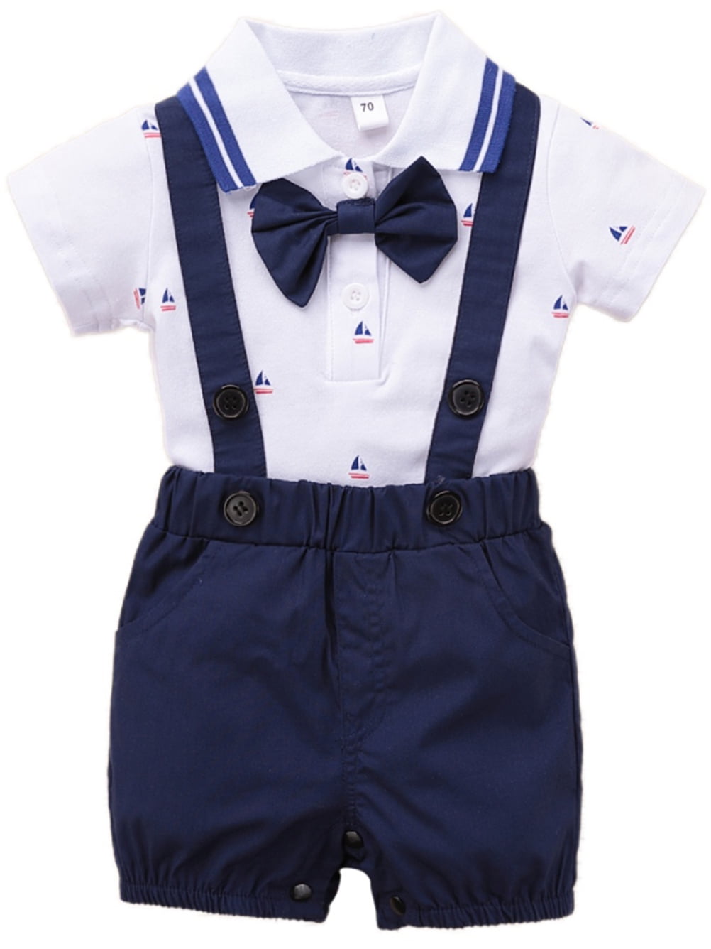 Baby Boys Romper Jumpsuit Formal Bowtie Gentleman Outfit 2PCS Set Blue 