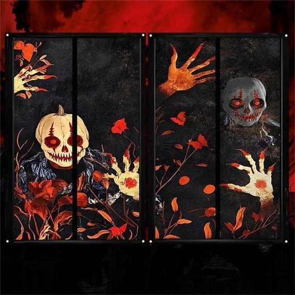 Halloween 2PCS Door Curtain Hanging Cloth Backdrop Horror Scene Decoration Door Window Drapes Halloween Party Indoor Outdoor Display Use Set Item Accessory