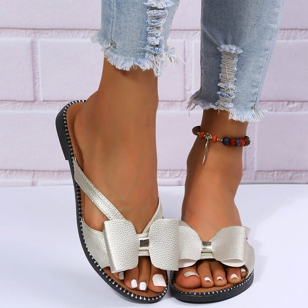 Sandalias de playa planas con lazo decorativo y puntera abierta para mujer Wmkox8yii ytu6959