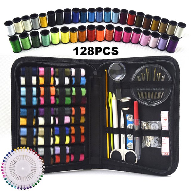 128PCS Sewing Box Kits Portable Travel Needles Thread Stitching Kits DIY Sewing Supplies Premium Mini Sewing Accessories