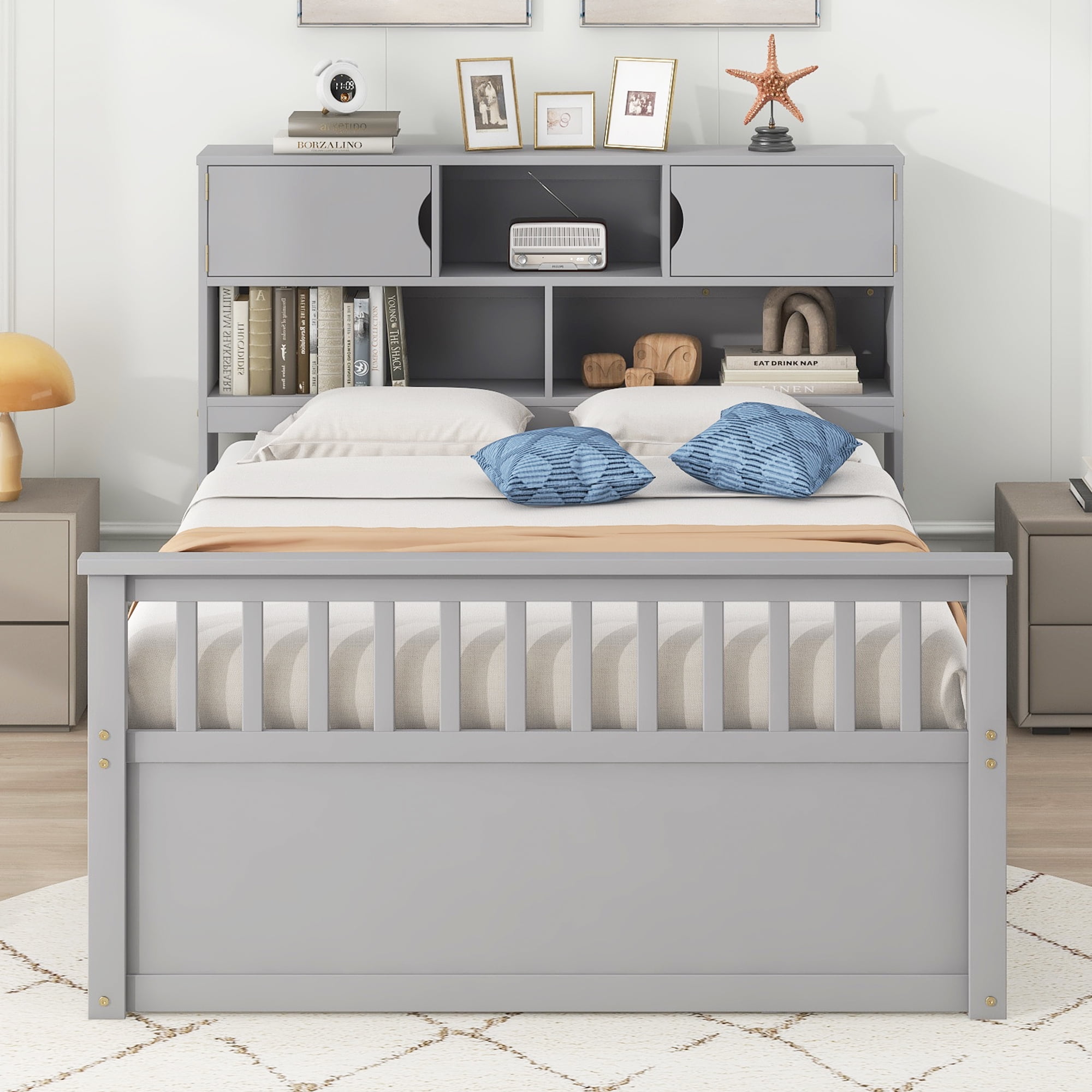 Euroco Wood Full Size Platform Bed with Storage Headboard, Captain Bed with 4 Drawers, Bookcase and Cabinets, Gray