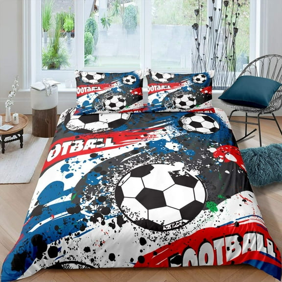 Football Duvet Cover Set Soccer Ball Pattern Sports Theme Bedding Set Microfiber Colorful Grunge Sty