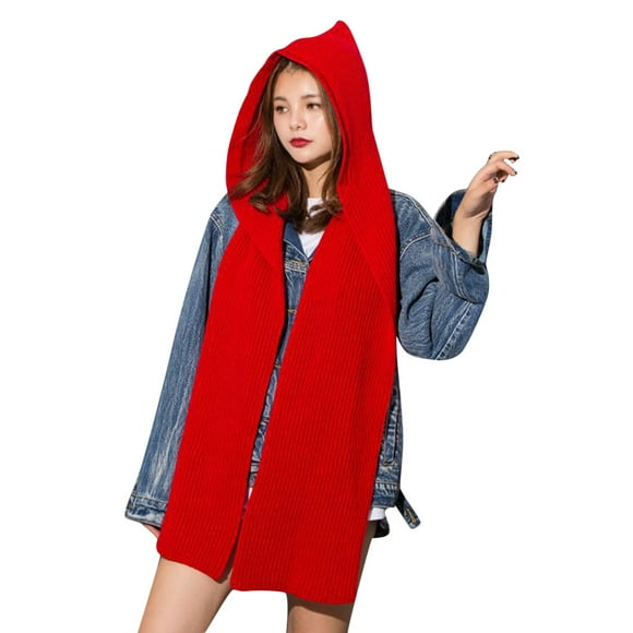 MSJUHEG Scarf Shawls And Wraps Solid 2 In 1 Knit Hooded Scarf Set Winter Melon Cap Warm Thick Cable Knitted Hat Scarf Set Stretchable Athletic Hats Scarf Set For Women Silk Scarf Red One Size