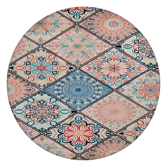 Round Fitted Tablecloth with Boho Floral Motif, 44 Inch Elastic Hem Fits 38 to 42 Inch Tables, Durable Spill Resistant for Indoor Outdoor Use