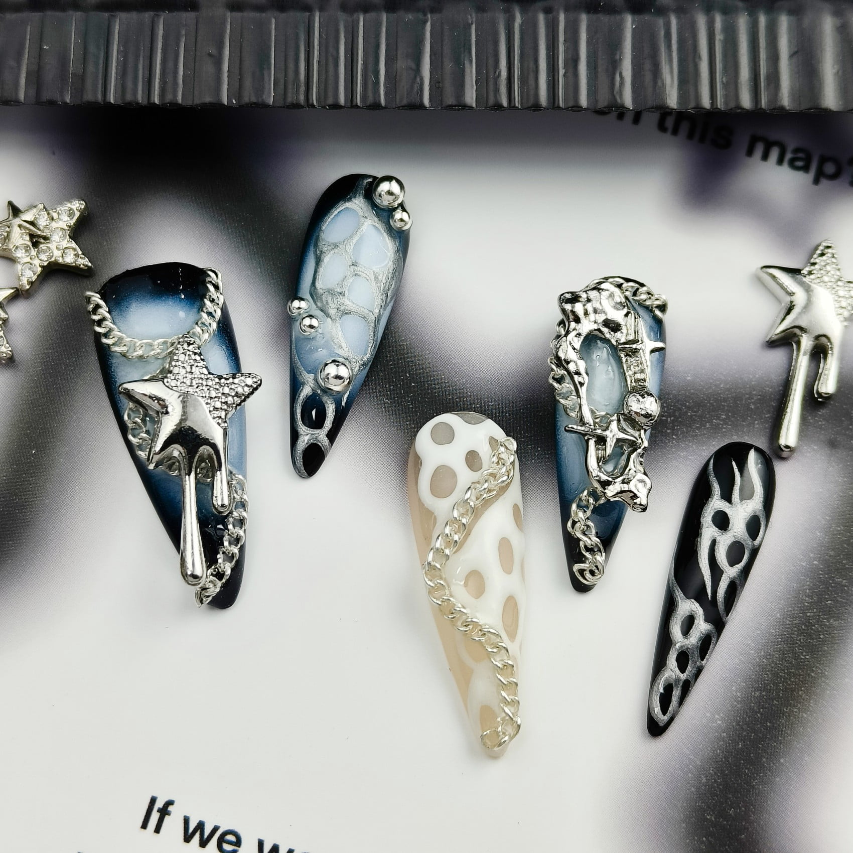 Handmade Press-On Nails with Silver Star and Chain 3D Accents