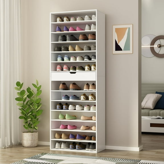 KULAGAGA 13 Tiers Shoe Organizer Rack, Wooden Narrow Shoe Tower with Drawer for Entryway, White