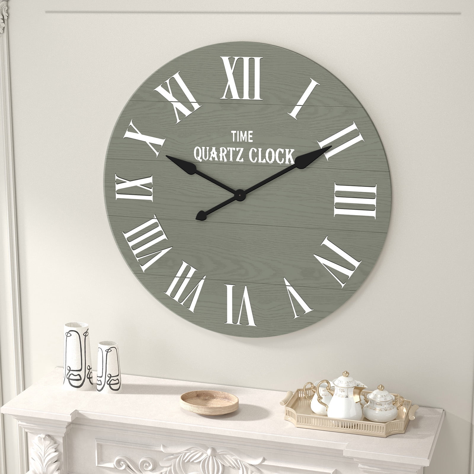 HLR 35.5” Farmhouse Large Shiplap Round Wall Clock with Roman Numeral for Living Room Decor, Green