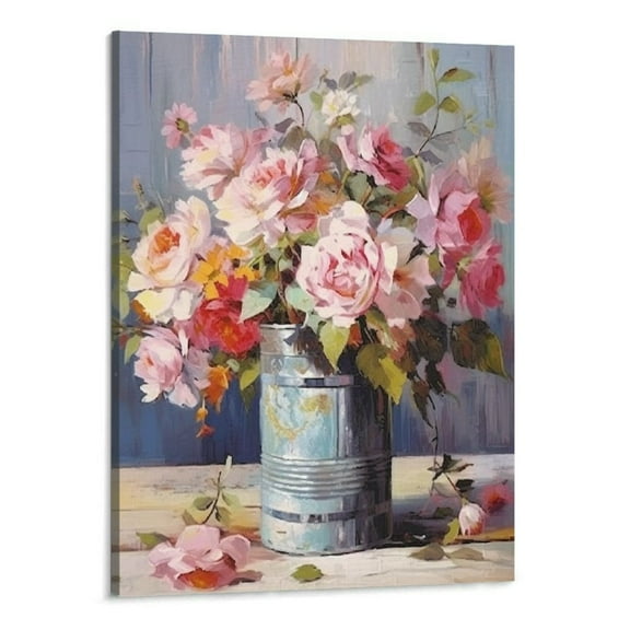 Creowell Rose Paintings Canvas Wall Art Vintage Watercolor Flower Nordic Style Decor Vase Bouquet Framed Artworks Pink Still Life Picture for Bathroom Living Room Bedroom Home Decorations 16x20 Inch