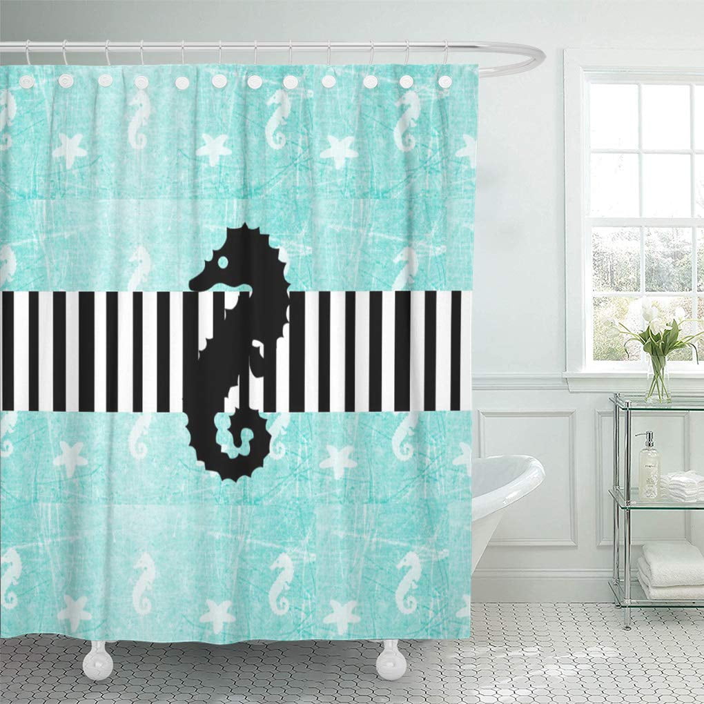 CYNLON Teal Black Oceanic Tropical Seahorse and Modern Stripe Bathroom