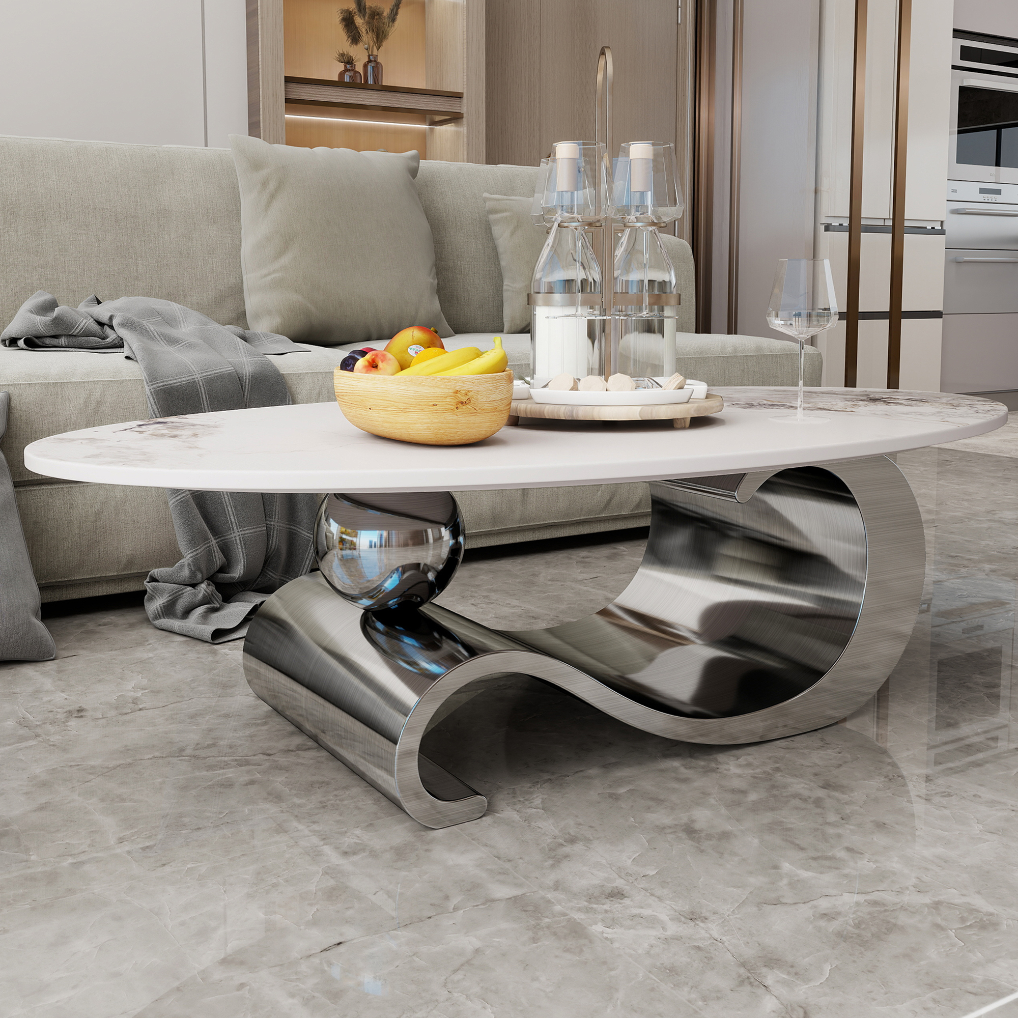 HIUU White Marble Coffee Table for Living Room,Oval Coffee Table with Grey Stainless Steel Base for Living Room