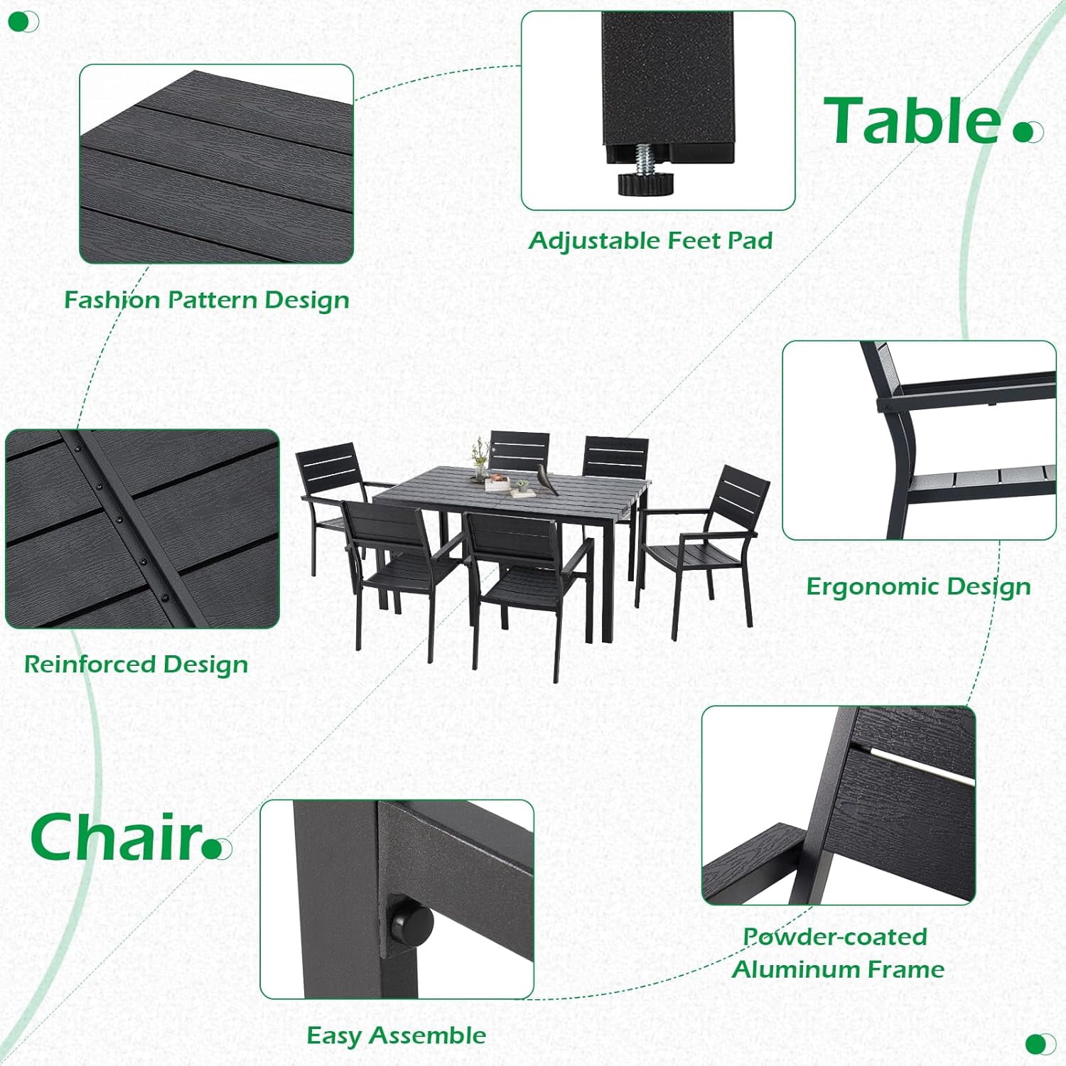 AECOJOY 7 Piece Outdoor Dining Set Patio Furniture Set On Sale Wood Grain Outdoor Table and Chairs on Clearance in Black