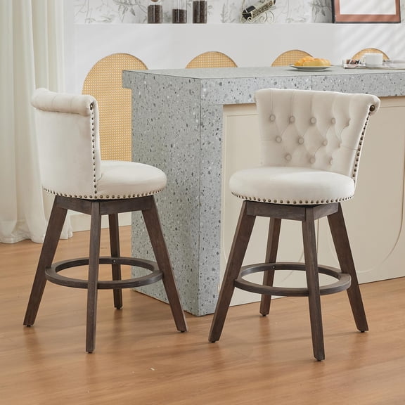 26" Counter Height Bar Stools Set of 2, Modern Velvet Bar Stools, 360° Swivel Stools with Back & Hand - Tufted Button - Trimmed Edges, Upholstered Velvet Stools on Wood Legs for Kitchen Island