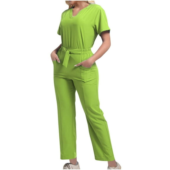 jtjvou Women's Summer One Piece Jumpsuits Belted Short Sleeve Wrap V Neck Fashion Dressy Casual Wide Leg Pants Romper Green S