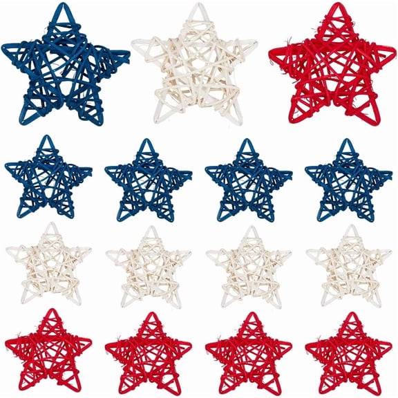 18Pcs 4 Inch Rattan Stars Star Vase Decorations Bulk Large Patriotic Vase Bowl Filler Mixed Color Wedding Memorial Day 4th of July Decorations