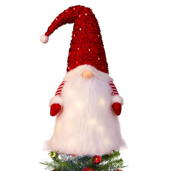 Gnome Christmas Tree Topper with Lights, Sequins Gnome with Adjustable Hat Tree Topper, Scandinavian Tomte Swedish Santa Xmas Tree Ornament, Holiday Winter Wonderland New Year Xmas Home Decor (Red)