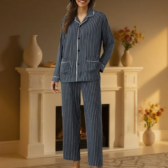 MVRLSH Fall Pajamas Women Cotton Plus Size Pajama Set Loose Fitting Home Clothing Blue 3Xl