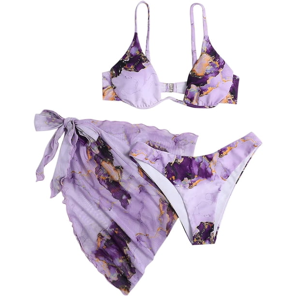 Conjunto de bikini de 3 piezas para mujer, teñido anudado, con aros, traje de baño y falda de playa Lila Púrpura M Lila Púrpura M Xishao ropa