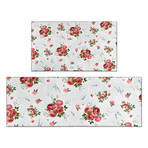 Pioneer Flower Floral Print Pattern Kitchen Rugs Sets Of 2,Anti Fatigue Kitchen Mat Rugs Non Slip Washable,Decorative Kitchen Floor Mats for Kitchen,Sink,Laundry,17"x30" 17"x47"