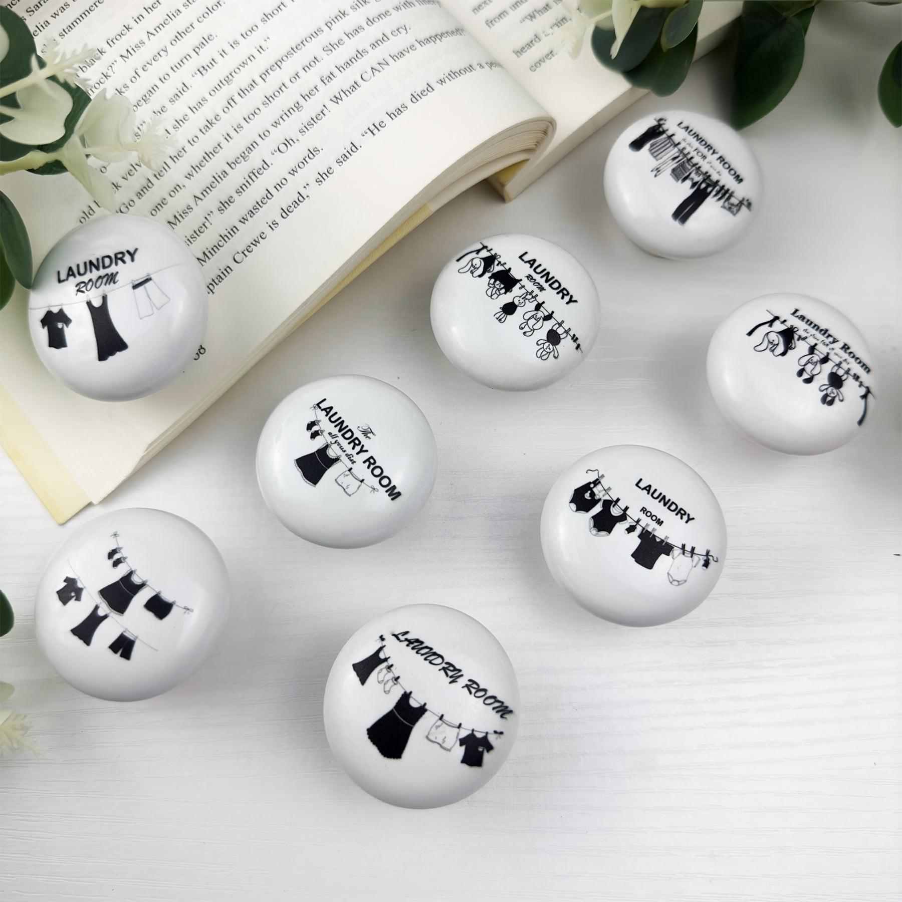 Jamjam 8Pack1.5"Clothesline Ceramic Knob Unique Retro Laundry Washing Line Room Black and White Furniture Cabinet Drawer Knobs Handles or Pulls