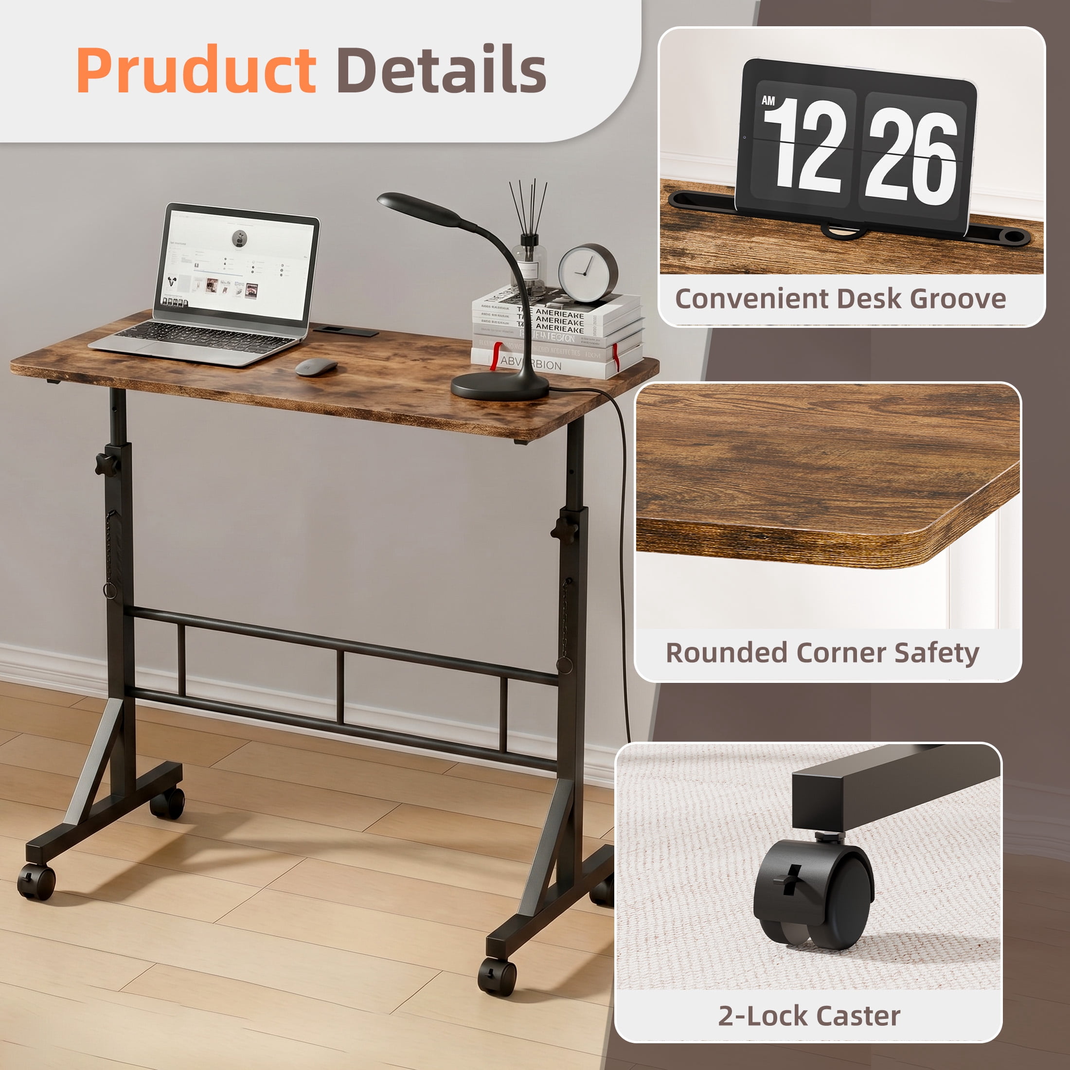 CONCETTA Adjustable Height Mobile Standing Desk with Wheels, 16"x31.5" Small Rolling Computer Desk for Home Office, Rust