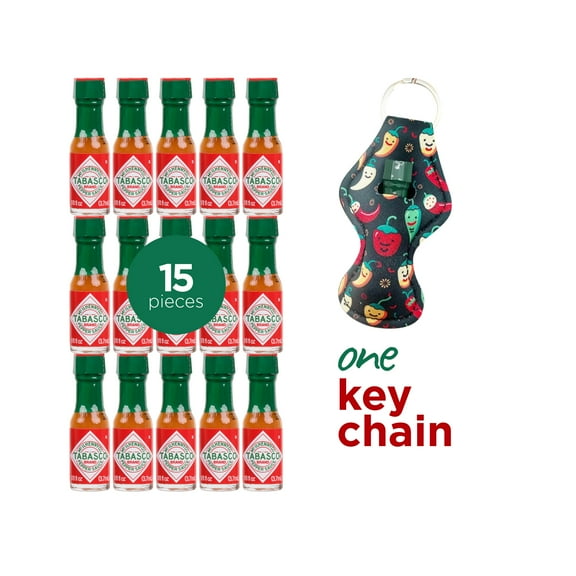 Primo Lines 15pcs Mini Tabasco Bottles with 1 Mexican Hat Keychain – Original Flavor Hot Sauce 3.7 ml each, Mexican Spice for Fruits, Snacks, Drinks & Travel