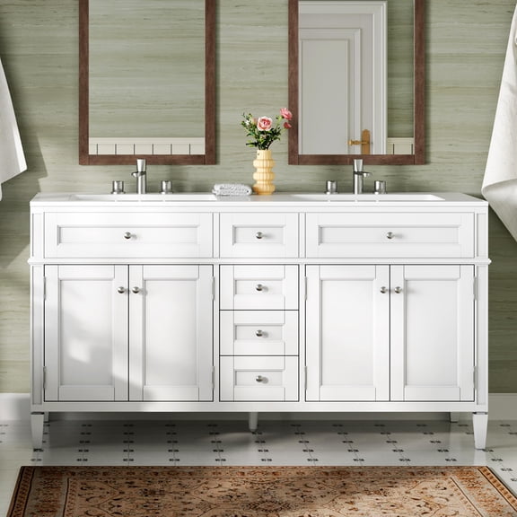 Merluxy 60″ Bathroom Vanity with Sink Combo, Modern Double Sink Vanity, Solid Wood with 3 Storage Drawers & Adjustable Shelves, White