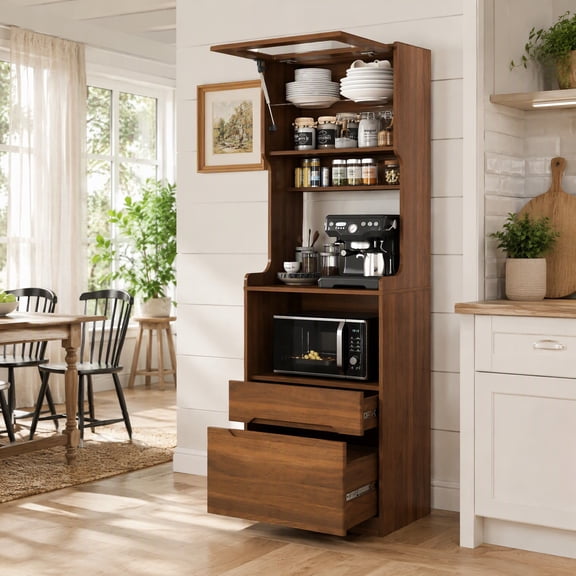 Mintazer 70.8" Tall Kitchen Pantry Cabinet with Coffee Station & Microwave Stand, Farmhouse Buffet Cabinet with Shelves & Drawer for Kitchen Bar Dining Room, Brown