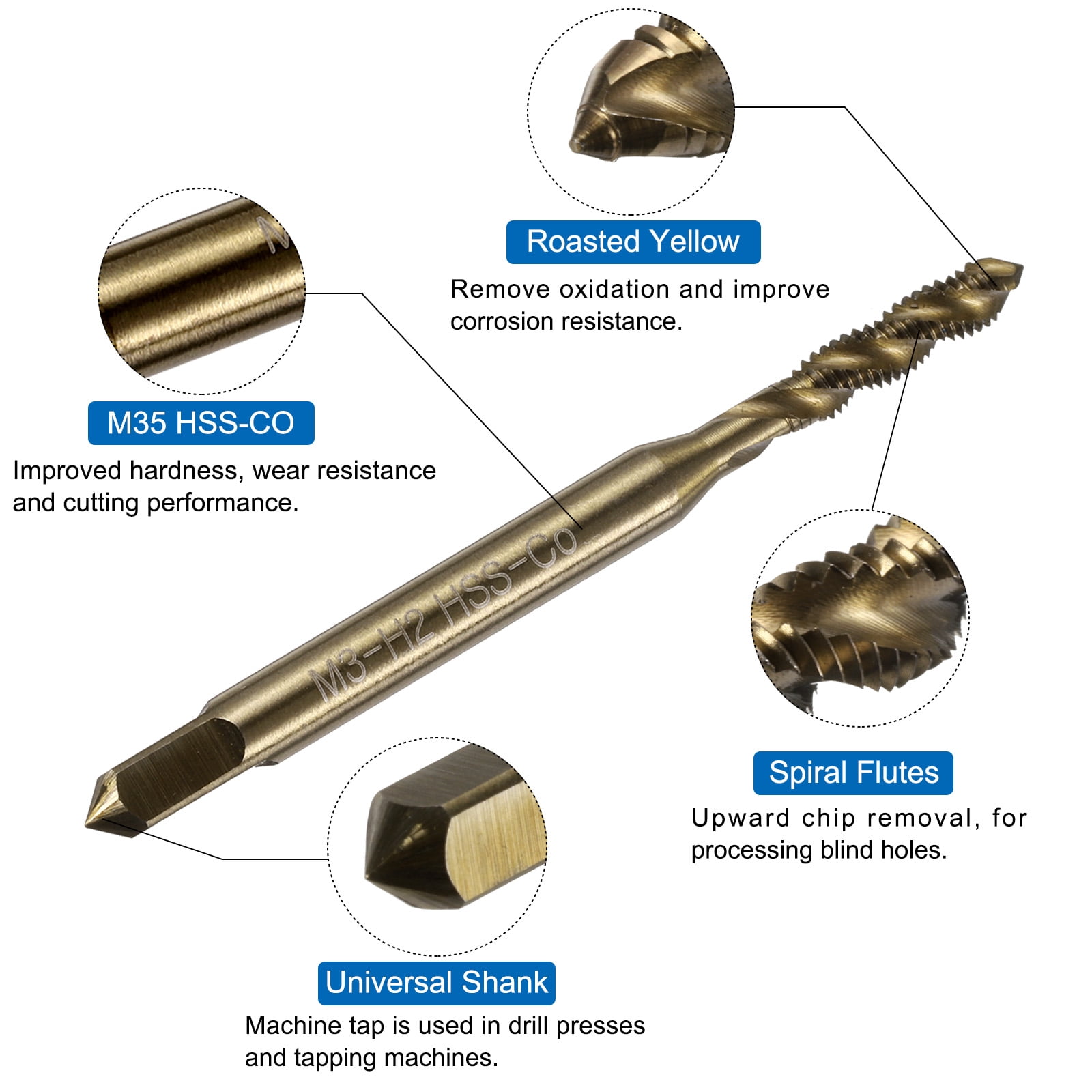 Uxcell Tap and Drill Bit Set, 3 Pieces M5 x 0.8 Spiral Flute Tap & 3 Pieces 4.2mm Drill Bit Roasted Yellow