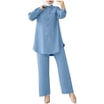 thumbnail image 3 of QATAINLAV Womens Muslim Long Sleeve Blouse and Wide Leg Pants Suits 2 Piece Outfits Solid Color Casual Loose Abayas Matching Sets, Blue, L, 3 of 9