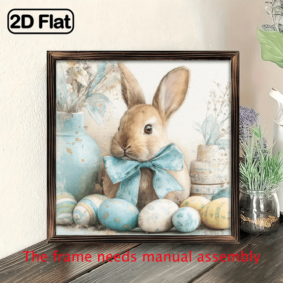 1pc Vintage Farmhouse Wooden Bunny Easter Eggs Wall Art Sign - 8x8 Inch Rustic Framed Spring Decor with Bow Tie Bunny, Pastel Eggs Foliage - Easter Basket Stuffer, Office.