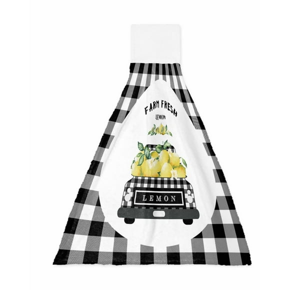 Serviette de Cuisine Suspendue Farmhouse Citron Truck - Absorbante, Séchage Rapide, Motif à Carreaux de Buffle Noir et Blanc
