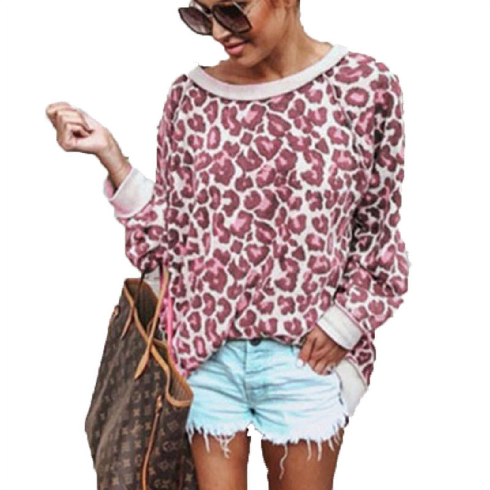 Rrive Womens Round Neck Printed Leopard Long Sleeve Top T-Shirt Tee