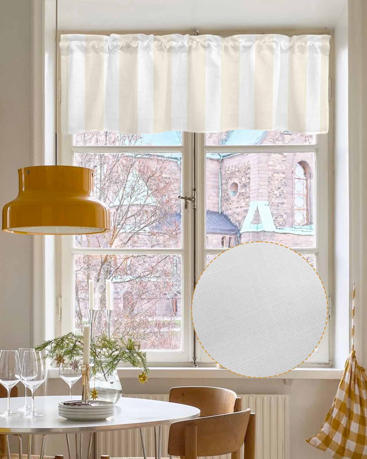 Cream Striped Linen Curtain Valance for Bedroom/Bathroom/Kitchen/Living/Dining Room Window,Geometric White Vertical Stripes Minimalist Pocket Topper Drapes Decorative Cafe Drapery Panel 60"x18"
