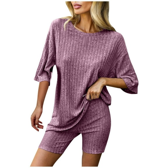 qolati Womens 2 Piece Sets Summer Outfits 2024 Fashion Two Piece Lounge Matching Set Ribbed Knit Oversized Baisc T-Shirts Biker Shorts Tracksuit