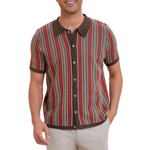Polo de punto a rayas INSPIRE CHIC para hombres, camisetas de polo de manga corta con botones, jacquard, M marrón oscuro