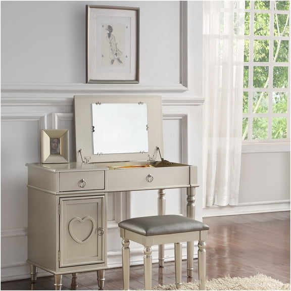 JERFIT Silver Vanity Set with Stool, Flip-Down Mirror & Storage, Rubber Wood Dresser for Bedroom