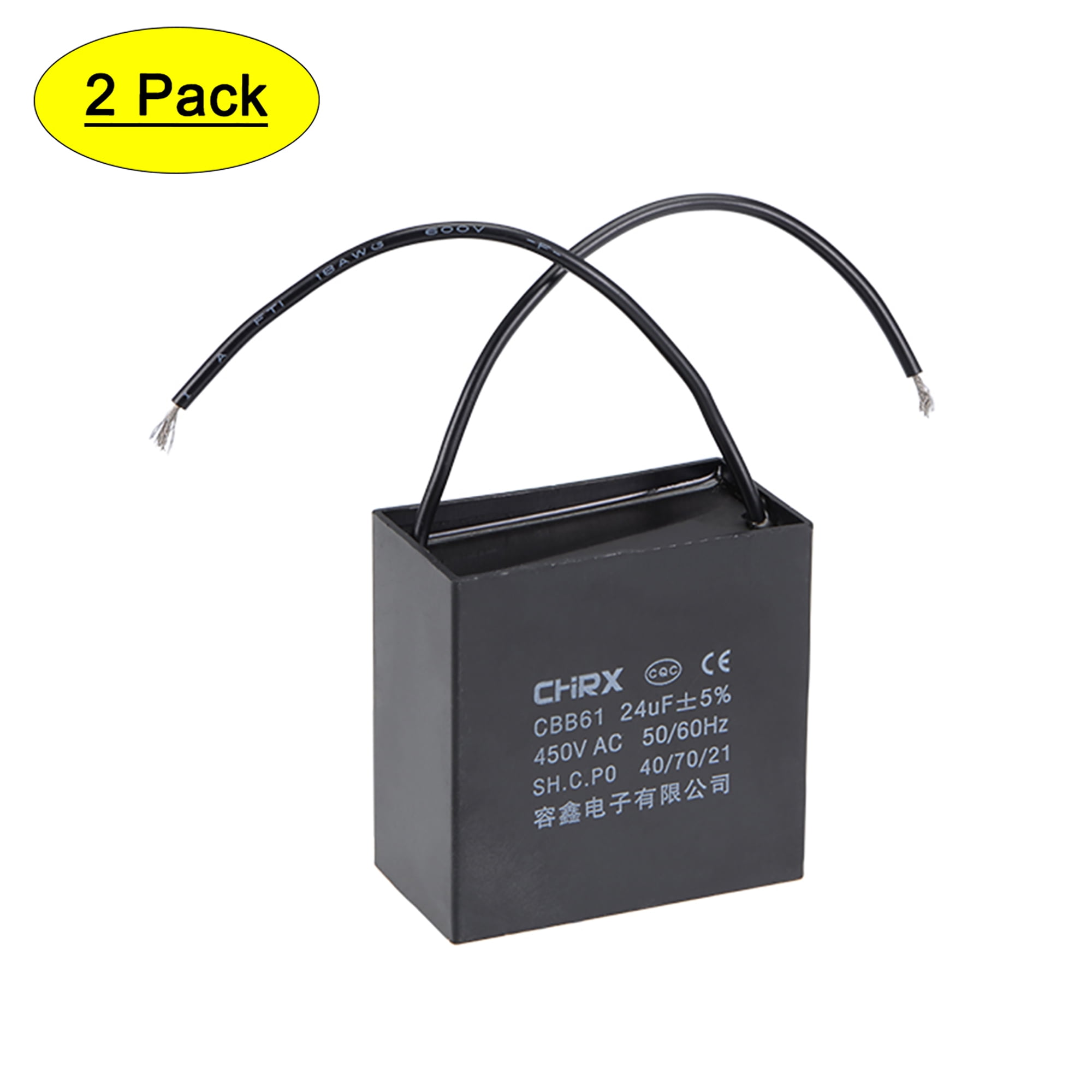 Uxcell 58x31x57mm 24uF 450V AC 2 Cable CBB61 Ceiling Fan Run Capacitor