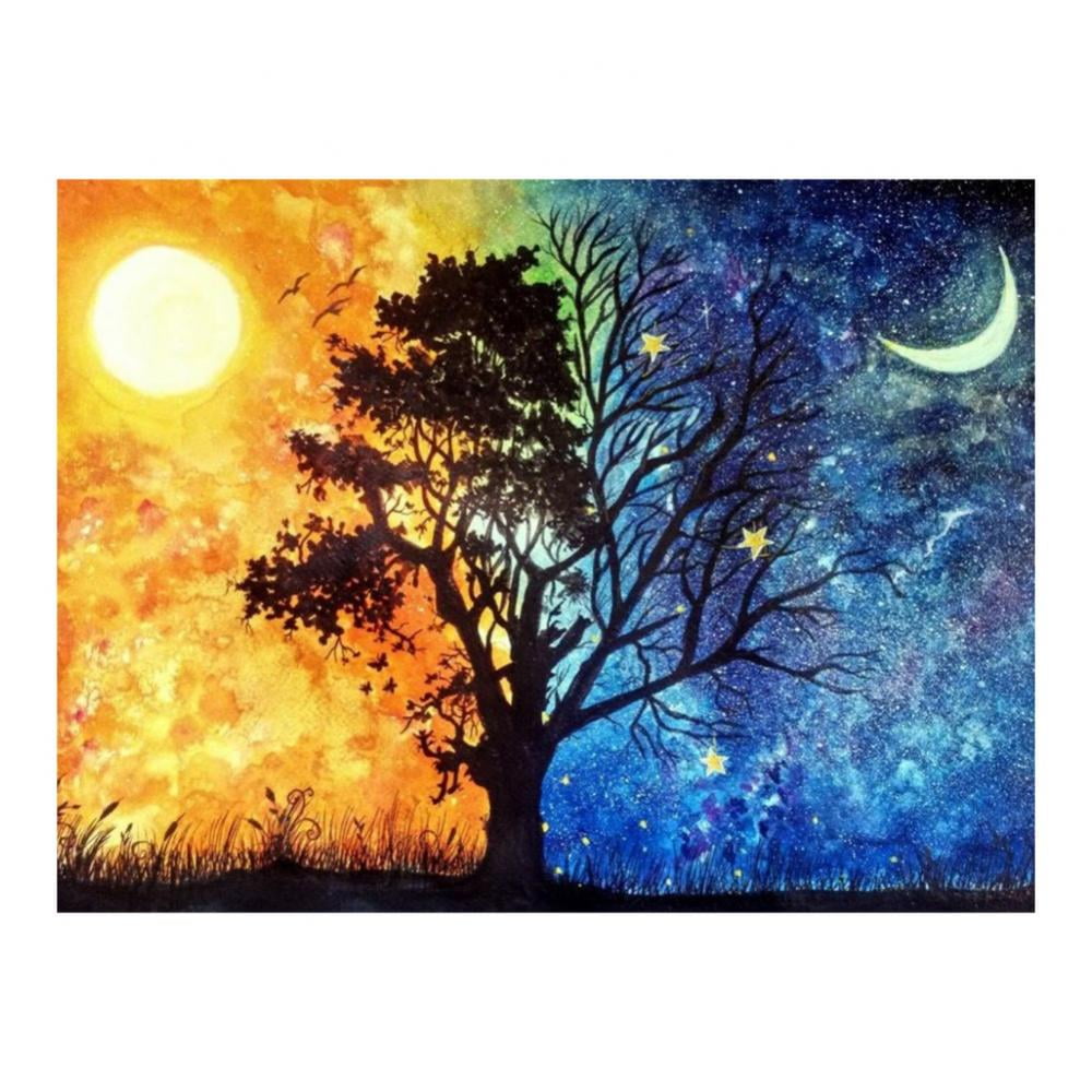 Starry Sky and Sun & Tree Crystal Rhinestone Diamond Embroidery Paintings Pictures Arts Craft for Home Wall Decor DIY 5D Full Diamond Painting by Number Kits 