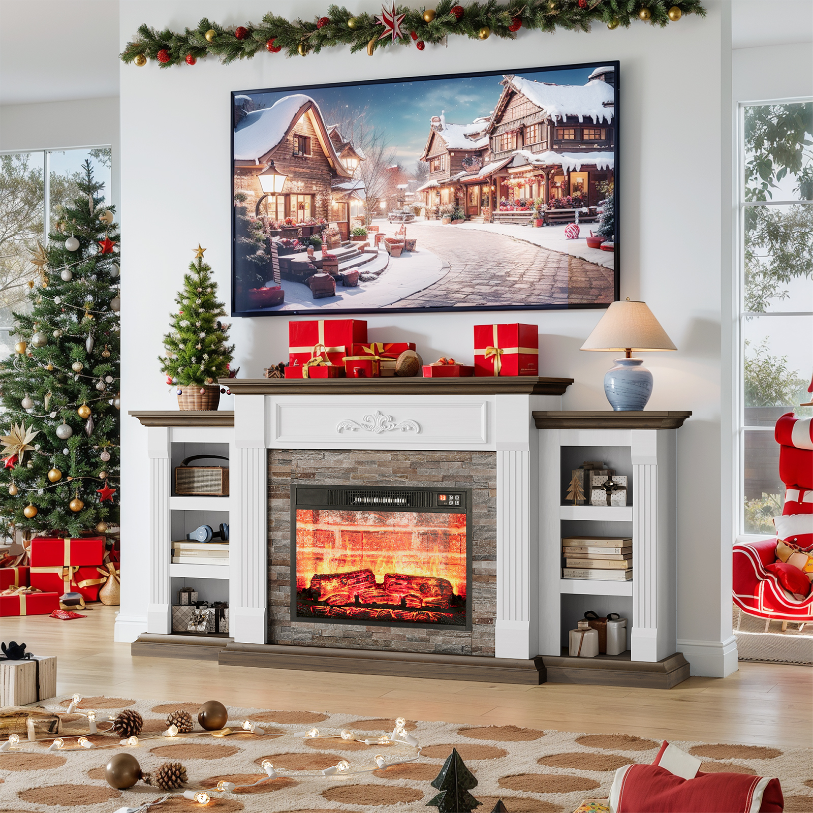 72" Electric Fireplace with Mantel, Stacked Stone Surround with 23" Fireplace Insert, Adjustable Flame, Red Brick Fireplace, White Brown