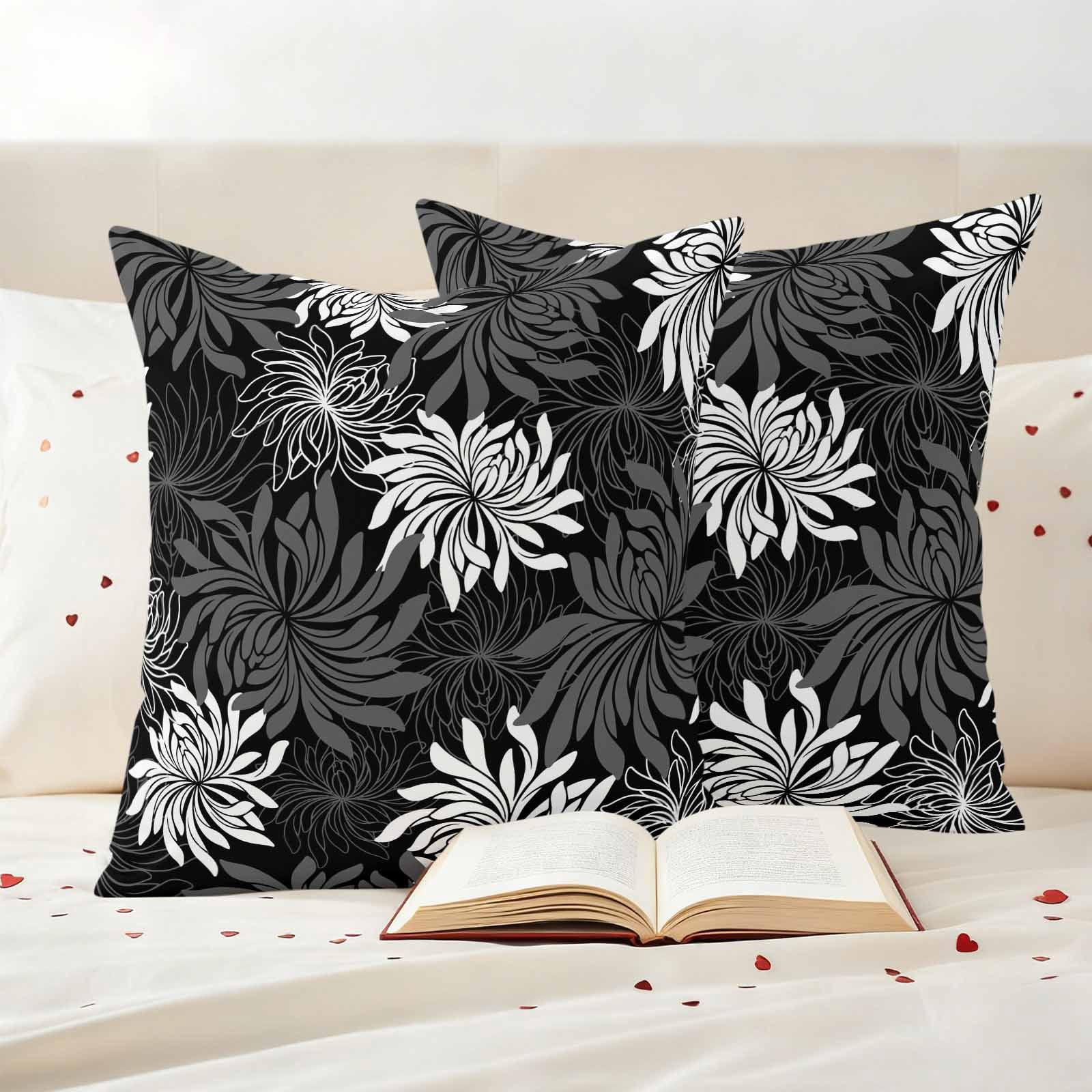 Black Grey Flowers Outdoor Waterproof Throw Pillow Covers 20x20 Set of 2, Modern Abstract Blooms Floral Decorative Pillowcases Cushion Pillowcase for Couch Sofa Patio Outside Pillow Protector